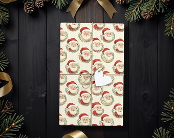Vintage kerstmangezichtjes cadeaupapier, retro kerstcadeaupapier met vrolijke kerstmanfiguurtjes K6