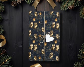 Papel de regalo navideño con búho caprichoso, papel de regalo navideño con temática de bosque oscuro para amantes de la naturaleza, cumpleaños de invierno, maestros y amigos K6