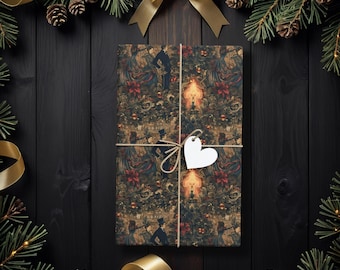 Victorian Christmas Wrapping Paper, Dark Holiday Gift Wrap with Lanterns, Ribbons & Top Hats, Gothic Xmas Aesthetic for Him or Her K6