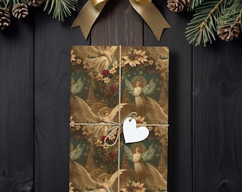 Vintage Angel Christmas Wrapping Paper, Elegant Holiday Gift Wrap with Cathedral and Florals, Perfect for Religious or Classic Gifting K6