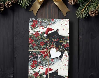 Black Cat Christmas Floral Gift Wrap, Cozy Holiday Wrapping Paper with Santa Hat Cat, Poinsettias & Snowy Greens K6