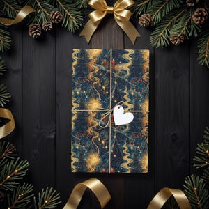Celestial Christmas Gift Wrap with Gold Stars, Ribbons & Trees, Elegant Holiday Wrapping Paper for Festive Celebrations and Stargazers K6