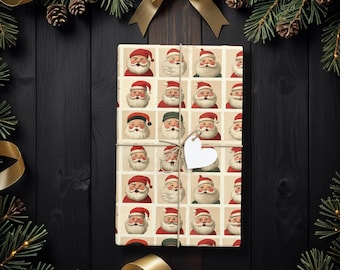 Vintage Santa Claus Faces, Retro Christmas Xmas Wrapping Paper Rolls | Vintage Christmas gift wrap & holiday wrapping paper K6