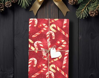 Papel de regalo navideño con diseño de bastón de caramelo, papel de regalo rojo acuarela para regalos navideños K6