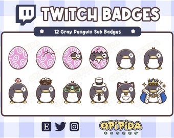 PENGUINS Badges Pack (GRAY) - 12x kawaii Sub Badges for Twitch (and Discord) | Cute penguin, Subscriber and Bit Badges / Emotes / Streamer