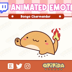 May include: Animated Twitch emote featuring a cartoon orange Charmander with a flame tail, waving its paw. The emote is titled "Bongo Charmander".
