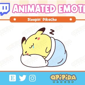 Op de afbeelding: Geanimeerde emote van een gele Pikachu die slaapt in een blauwe deken met een wit kussen. De emote heeft de titel "Sleepin' Pikachu".