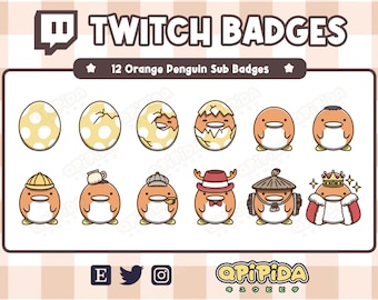 PENGUINS Badges Pack (ORANGE) - 12x kawaii Sub Badges for Twitch (and Discord) | Cute penguin, Subscriber and Bit Badges / Emotes / Streamer