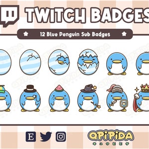 PENGUINS Badges Pack (BLUE) - 12x kawaii Sub Badges for Twitch (and Discord) | Cute penguin, Subscriber and Bit Badges / Emotes / Streamer
