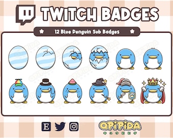 PENGUINS Badges Pack (BLUE) - 12x kawaii Sub Badges for Twitch (and Discord) | Cute penguin, Subscriber and Bit Badges / Emotes / Streamer