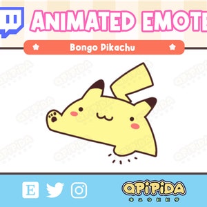 Puede incluir: Emoticono animado de Twitch con un Pikachu amarillo tocando los bongos. El emoticono se titula "Bongo Pikachu".