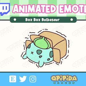 Puede incluir: Emoticono animado de Twitch con un personaje de Pokémon Bulbasaur verde y azul asomándose de una caja marrón. La caja se está moviendo y el personaje tiene una expresión de sorpresa.