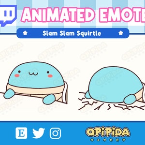 Könnte beinhalten: Animiertes Twitch-Emote mit einem blauen und weißen Cartoon-Squirtle-Charakter. Das Emote trägt den Titel "Slam Slam Squirtle" und zeigt den Charakter, wie er auf den Boden knallt.