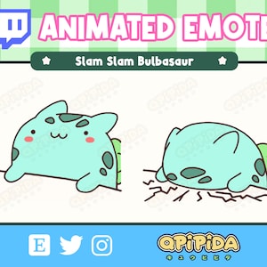 May include: Animated Twitch emote featuring a green and blue Bulbasaur character slamming into the ground, creating cracks in the earth. The emote is titled "Slam Slam Bulbasaur".