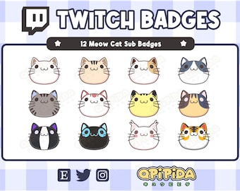 MEOW CAT Badges Pack - 12x kawaii Sub Badges for Twitch (and Discord) | Cute cat, Subscriber and Bit Badges / Emote / Streamer / Neko