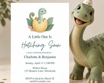 Invitación para baby shower de dinosaurios, plantilla editable de Canva "Próxima eclosión"