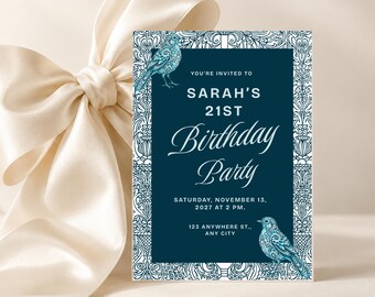 Teal Songbird Damask Birthday | Editable Canva 5x7 Invitation