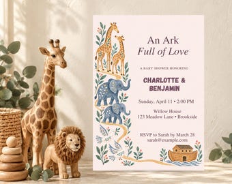 Invitación para baby shower con temática del Arca de Noé, plantilla editable de Folk Two by Two para Canva.