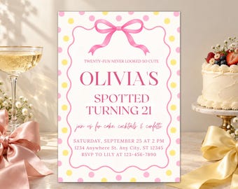 Invitación de cumpleaños "Spotted Turning 21" / Plantilla de Canva con estampado de lunares amarillos y rosa mantequilla