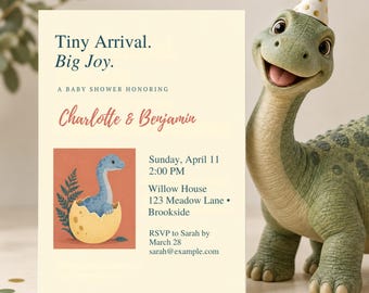 Invitación para baby shower de dinosaurios, plantilla editable de Canva "Coral eclosionando pronto"