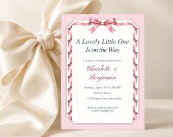 Laced Eyelet Frame Baby Shower Invitation, Pink Bow Coquette Theme, Editable Canva Template, 5x7