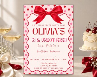 Invitación de cumpleaños "21 & Unbothered" / Plantilla Canva Pink Red Coquette