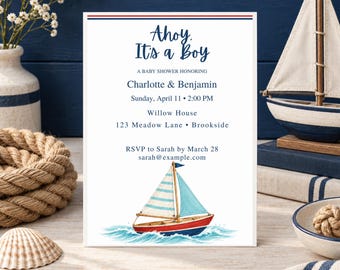 Bright Little Voyage Baby Shower Invitation, Nautical & Sailboat Theme, Editable Canva Template, 5x7