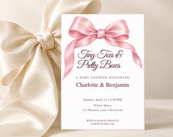Pink Faille Bow Baby Shower Invitation, Pink Bow Coquette Theme, Editable Canva Template, 5x7