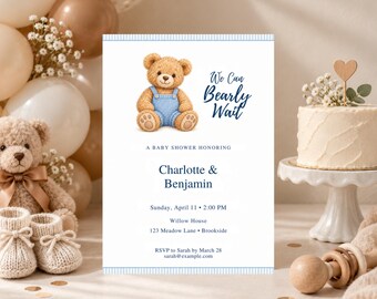 Gebreide teddybeer welkomstuitnodiging voor een babyshower, berenthema, bewerkbare Canva-sjabloon, 5x7 inch