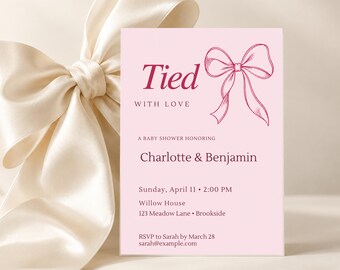 Raspberry Line Bow Baby Shower Invitation, Pink Bow Coquette Theme, Editable Canva Template, 5x7