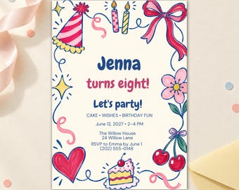 Doodle verjaardagskaart, bewerkbaar Canva-sjabloon (5x7 inch)