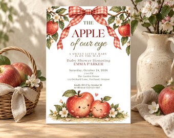 Schattige babyshower met appelthema | Bewerkbare Canva-uitnodiging (5x7 inch)
