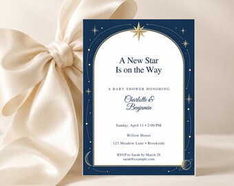 A New Star Celestial Atlas Baby Shower Invitation, Over the Moon & Celestial Theme, Editable Canva Template, 5x7