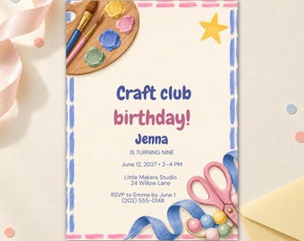 Uitnodiging voor een verjaardag van een knutselclub, bewerkbaar Canva-sjabloon (5x7 inch).