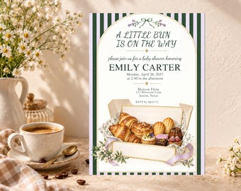 Babyshower met groene gestreepte gebaksdoos | Bewerkbare Canva-uitnodiging (5x7 inch)