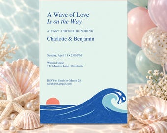 Invitación para baby shower con diseño de ballena y ola de amor, temática costera, plantilla editable de Canva, 5x7