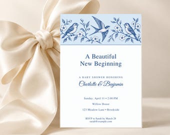 The Bluebird Letter Baby Shower Invitation, Chinoiserie & Grandmillennial Theme, Editable Canva Template, 5x7