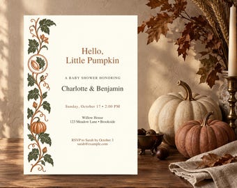 Invitación para baby shower estilo folio con impresión tipográfica otoñal, temática de calabacitas, plantilla editable de Canva, 5x7