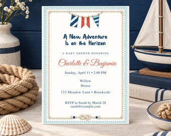 Sailcloth Correspondence Baby Shower Invitation, Nautical & Sailboat Theme, Editable Canva Template, 5x7