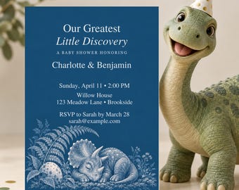 Invitación para baby shower de dinosaurios, plantilla editable de Canva "Próxima eclosión" en azul