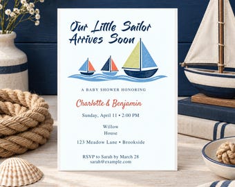 Invitación náutica para baby shower, plantilla editable de velero para Canva