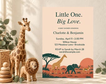 Invitación para baby shower con temática de safari, plantilla editable de Canva con animales de la selva
