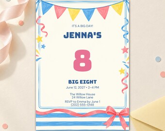 Uitnodiging voor de 8e verjaardag van een Big Eight met foto-optie, bewerkbaar Canva-sjabloon (5x7 inch)