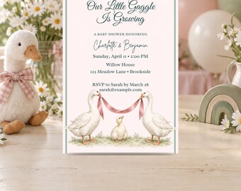 Invitación para baby shower con temática de gansos graciosos, plantilla editable de Canva con lazo