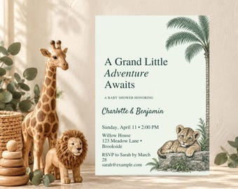 Invitación para baby shower con temática de safari, plantilla editable de Canva para diario de campo sobre la jungla.