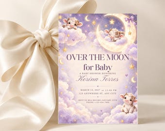 Purple Celestial Calf Over the Moon Baby Shower | Editable Canva 5x7 Invitation
