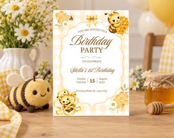 Honey Bee First Birthday | Editable Canva 5x7 Invitation