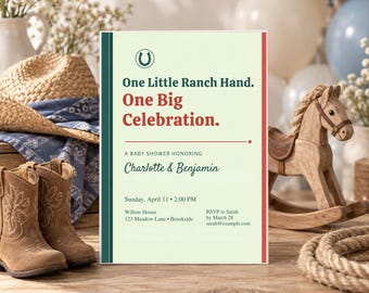 Ranch Announcement Baby Shower Invitation, Little Cowboy Western Theme, Editable Canva Template, 5x7