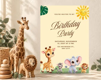 Invitación de cumpleaños estilo safari chibi soleado / Invitación editable en Canva de 5x7 pulgadas