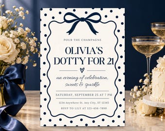 Dotty para invitación de cumpleaños número 21 / Plantilla de Canva con lunares azul marino intenso y marfil